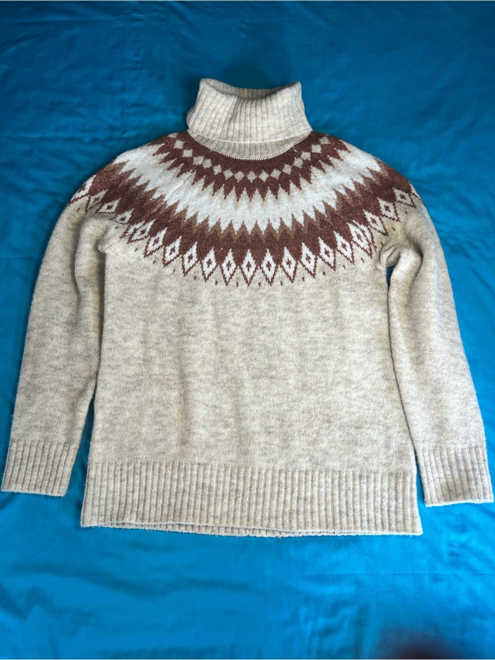 Aspen Fair Isle Turtleneck Sweater Nordic Wool Blend Oatmeal Brown Small - Picture 9 of 16